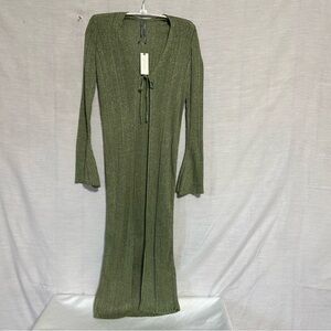 Olive Green Knit Tie-Front Maxi Dress